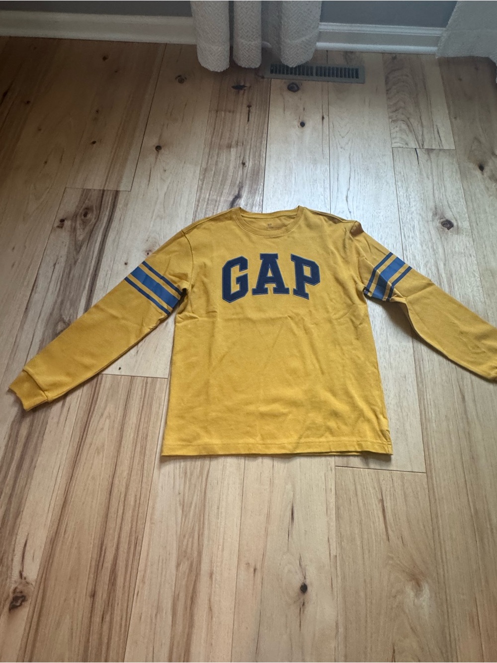 GAP Yellow Long-Sleeve Logo Tee with Navy Sleeve Stripes